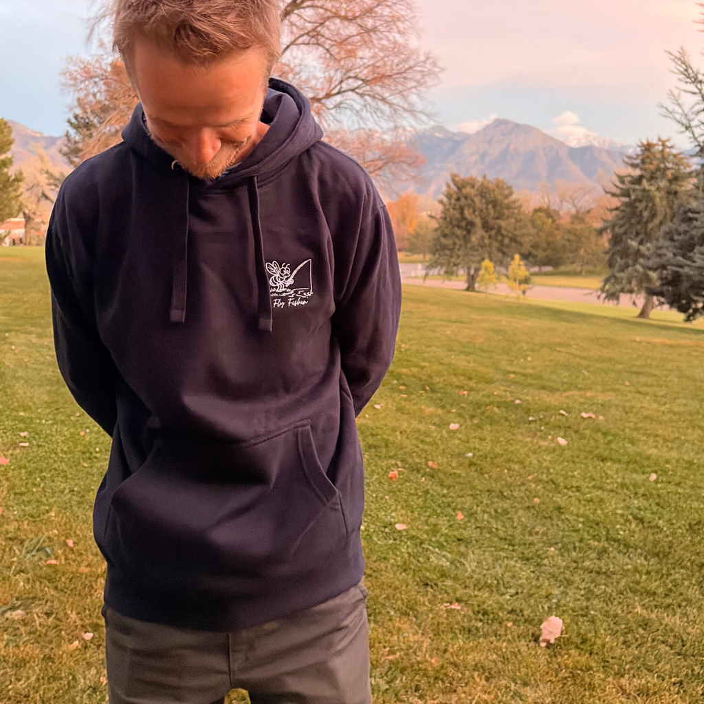 Black Hoodie with fly fishing design