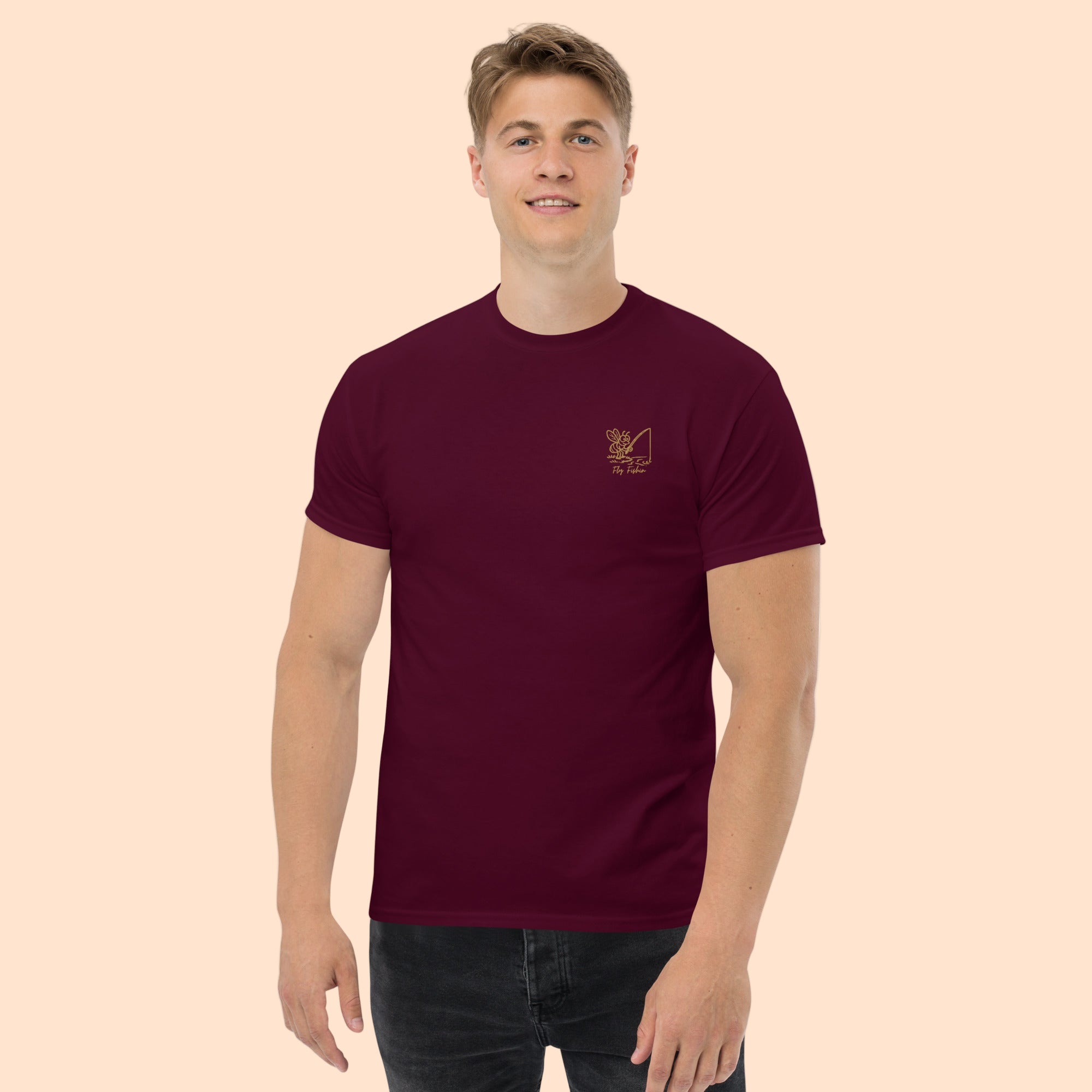 Fly Fishing T-Shirt Front Maroon