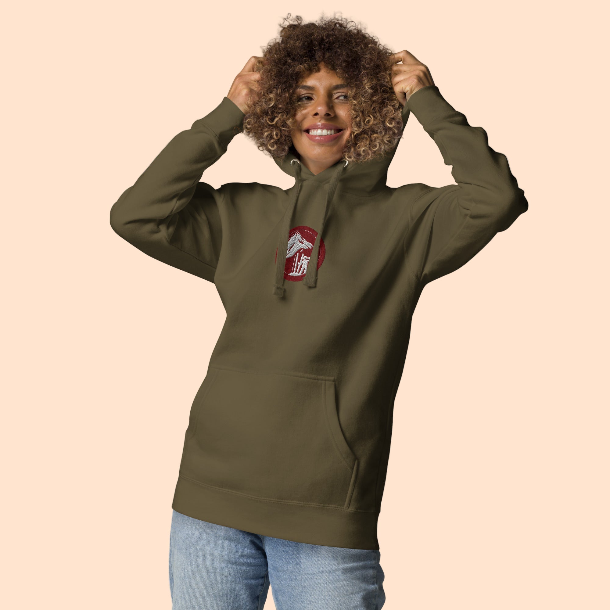 Skier Drinking Beer Hoodie Army Green Women's Front