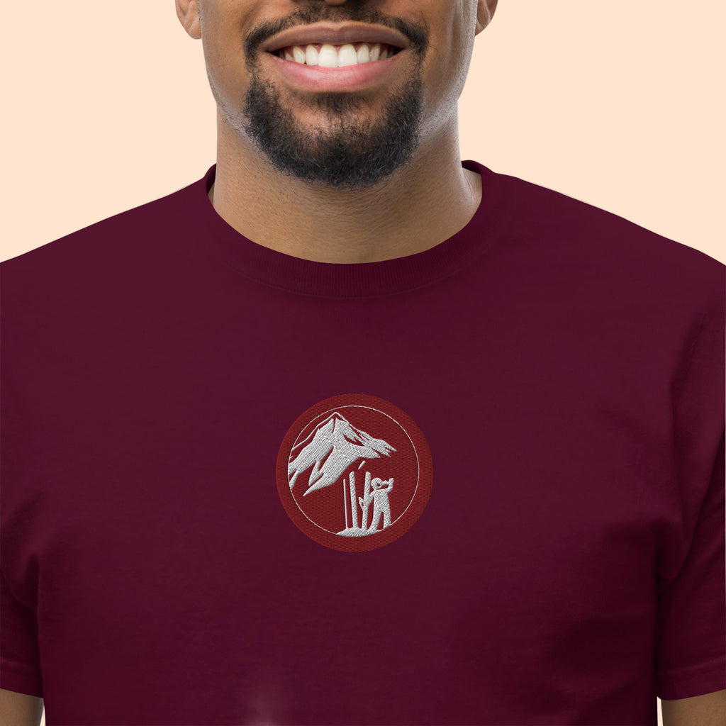 Skier Drinking Beer T-Shirt Wine Front Zoom of Embroidery