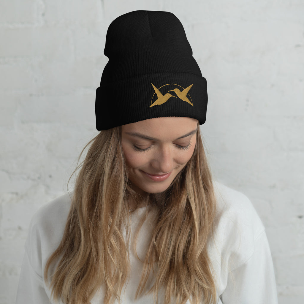 Hummingbirds beanie HammingOut Co Logo Utah based mountain apparel company black front model