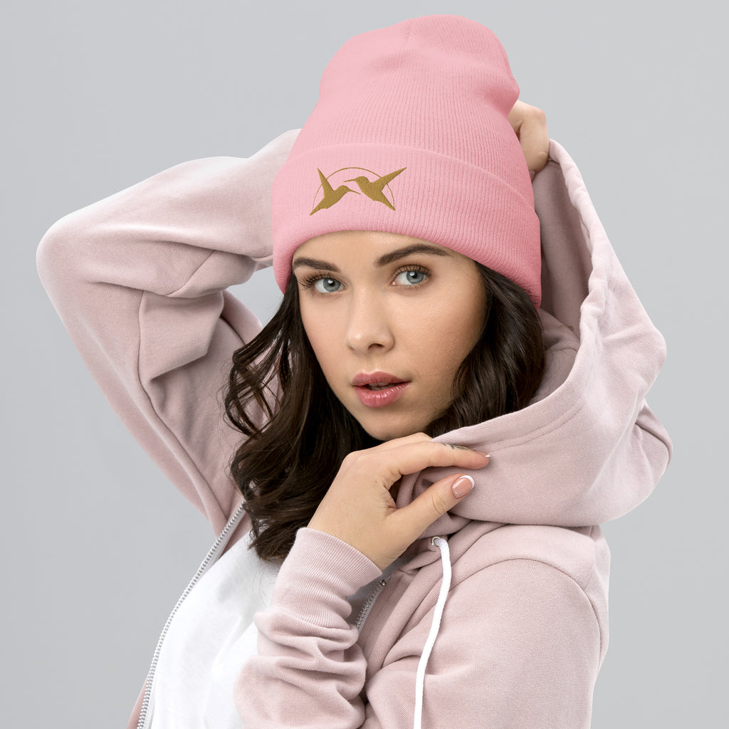 Hummingbirds logo HammingOut Co Utah Mountain Inspired Brand Beanie Front Pink Model