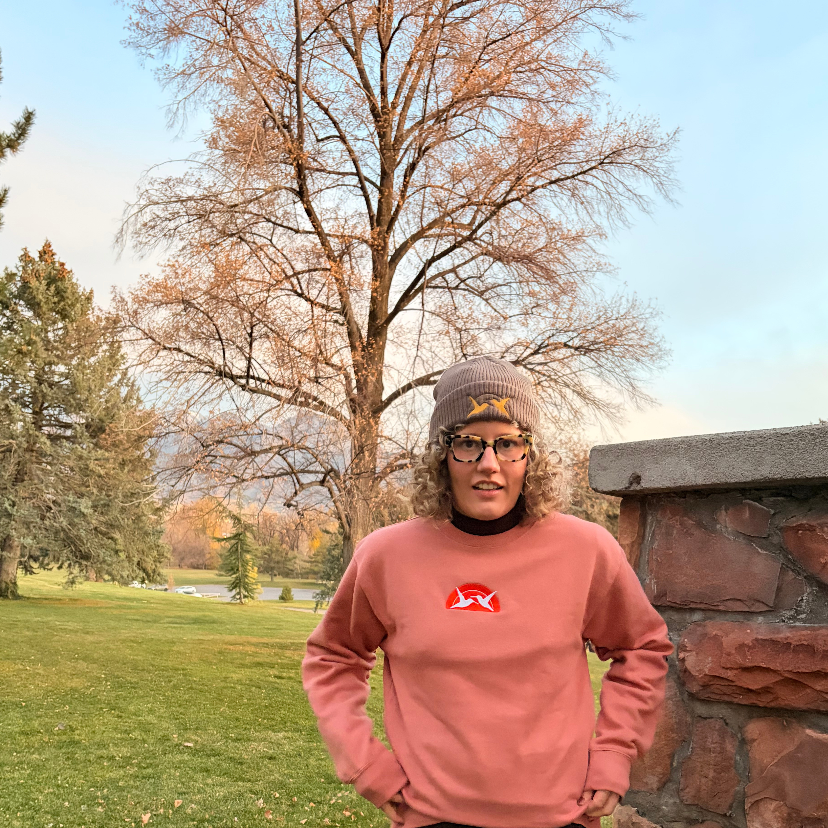 Pink hummingbirds crewneck and brown knit hummingbirds beanie