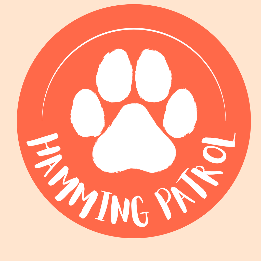 Logo with a white paw print and 'Hamming Patrol' text on an orange circle background - Paw Print 
